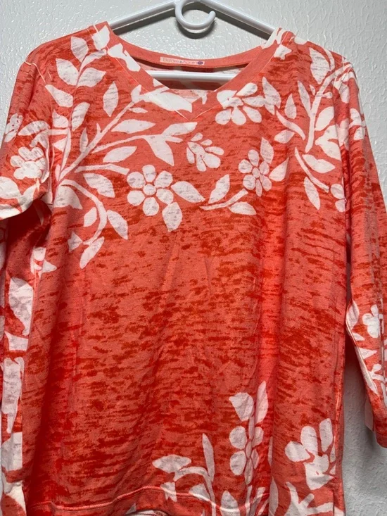 Before & Again Coral Floral Long-Sleeve Semi See-Thru Tee - Picture 3 of 9